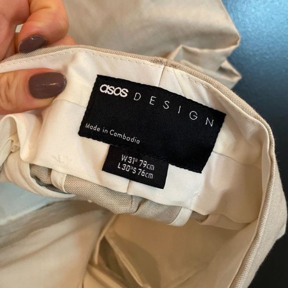 ASOS DESIGN skinny linen mix suit pants in stone (tan color) - Picture 4 of 11